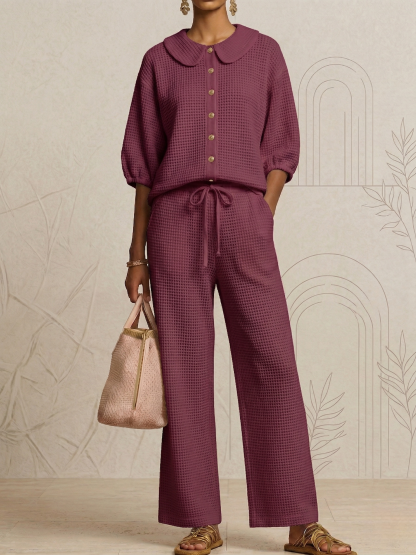 New Arrivals🔥Stylish Peter Pan Waffle Two-Piece Set-Casual Shirt & Wide Leg Pants Outfit