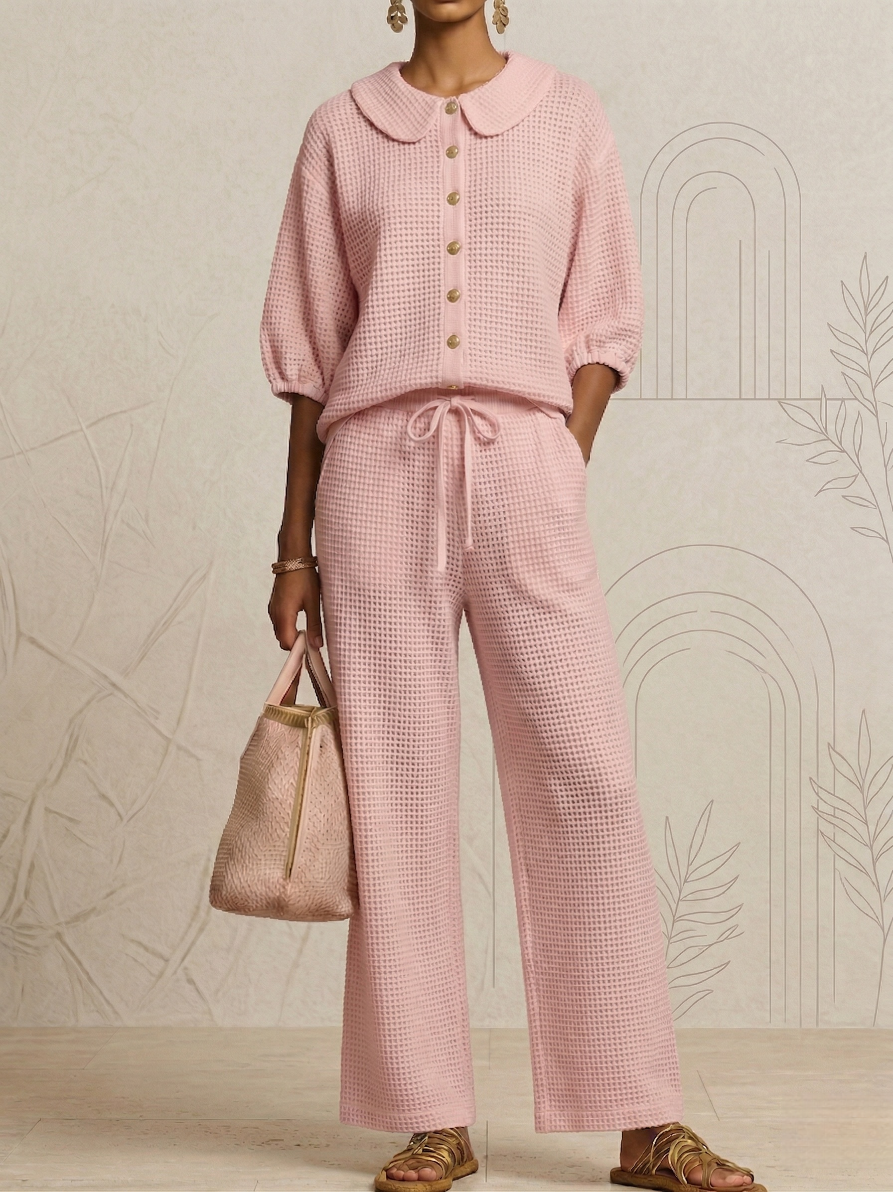 New Arrivals🔥Stylish Peter Pan Waffle Two-Piece Set-Casual Shirt & Wide Leg Pants Outfit