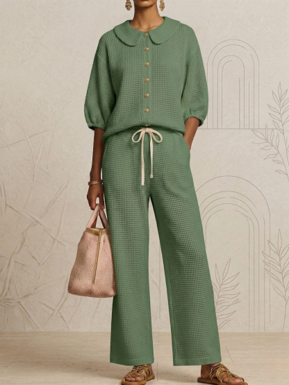 New Arrivals🔥Stylish Peter Pan Waffle Two-Piece Set-Casual Shirt & Wide Leg Pants Outfit