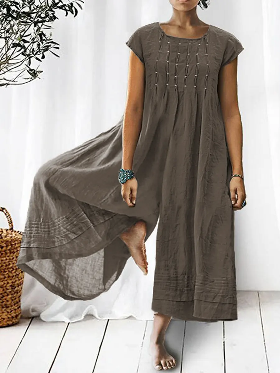 💝💝Women's Solid Color Art Casual Short Sleeve Cotton Linen Jumpsuit