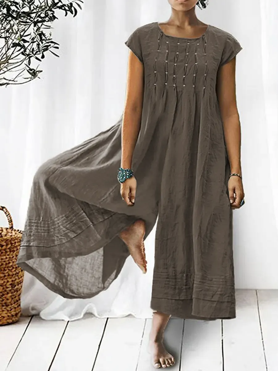 💝💝Women's Solid Color Art Casual Short Sleeve Cotton Linen Jumpsuit