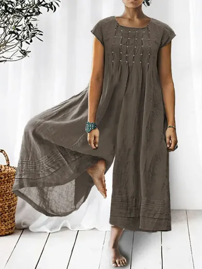 💝💝Women's Solid Color Art Casual Short Sleeve Cotton Linen Jumpsuit