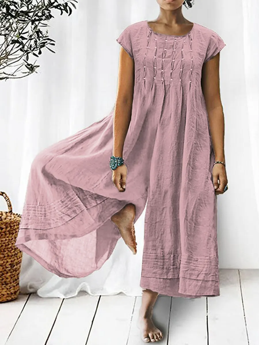 💝💝Women's Solid Color Art Casual Short Sleeve Cotton Linen Jumpsuit