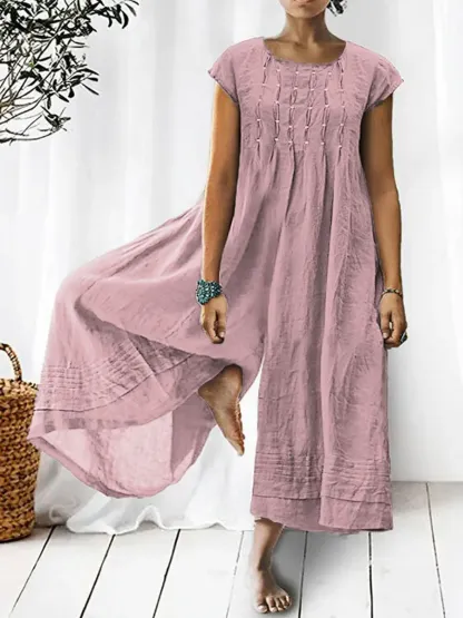 💝💝Women's Solid Color Art Casual Short Sleeve Cotton Linen Jumpsuit