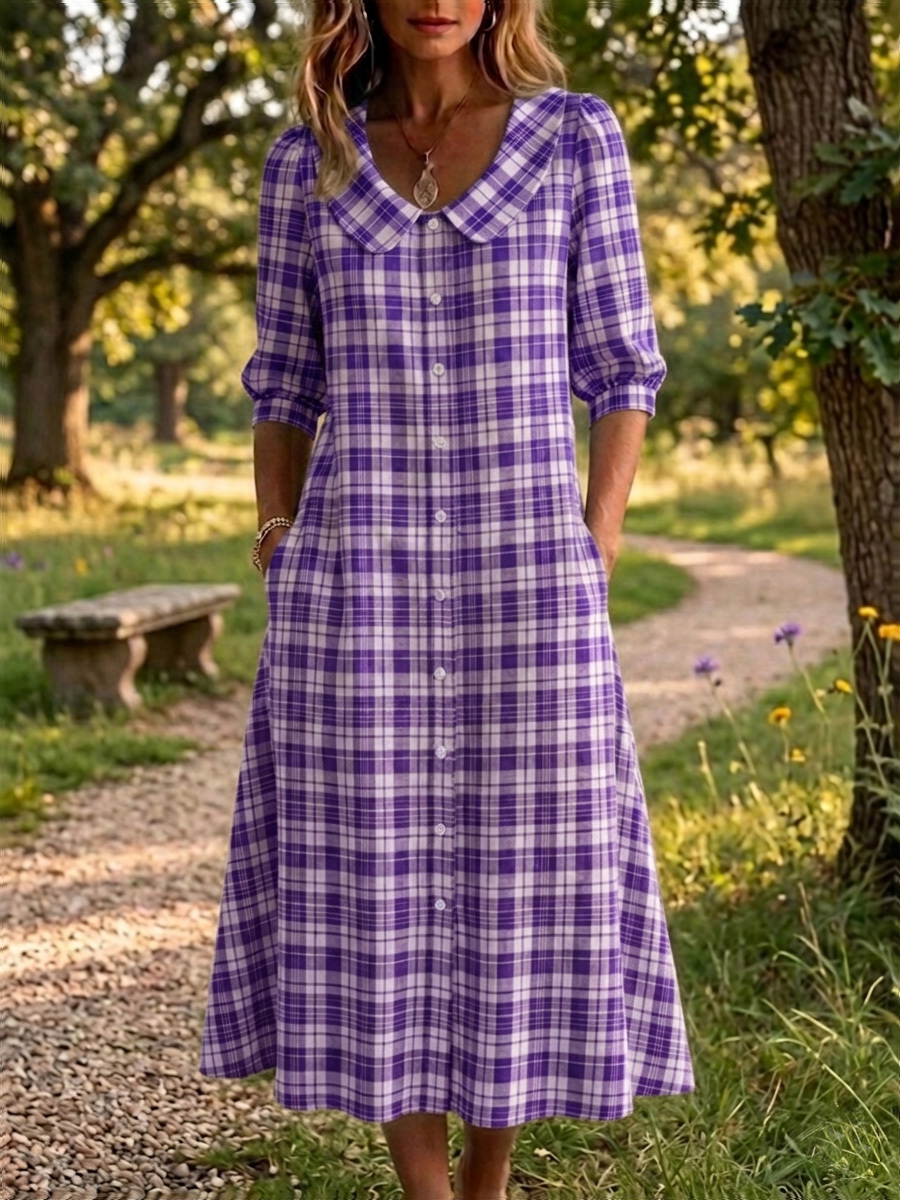 New Arrivals🔥 Women's Retro Peter Pan Collar Stripe Print Cotton Linen Dress