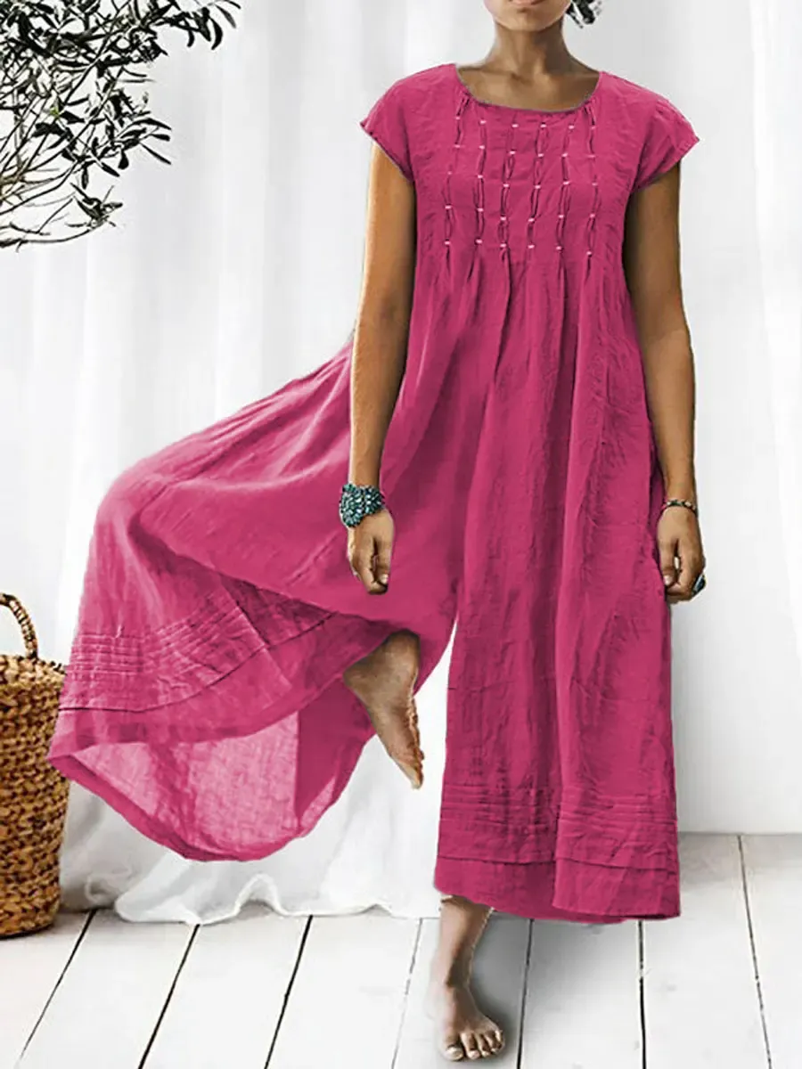💝💝Women's Solid Color Art Casual Short Sleeve Cotton Linen Jumpsuit