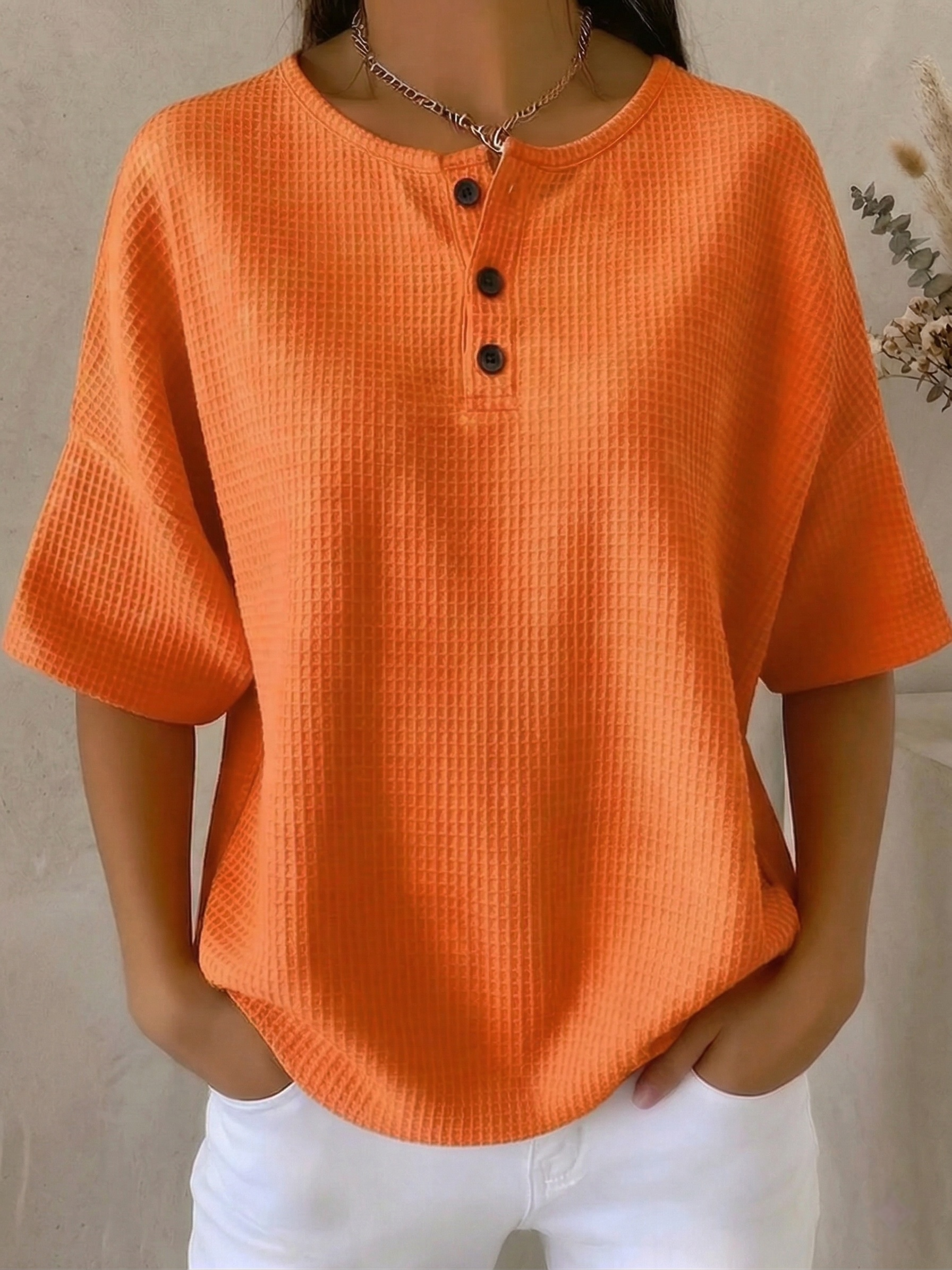 New Arrivals🔥Women's Casual Waffle Henry Collar 4/3 Sleeves T-shirt