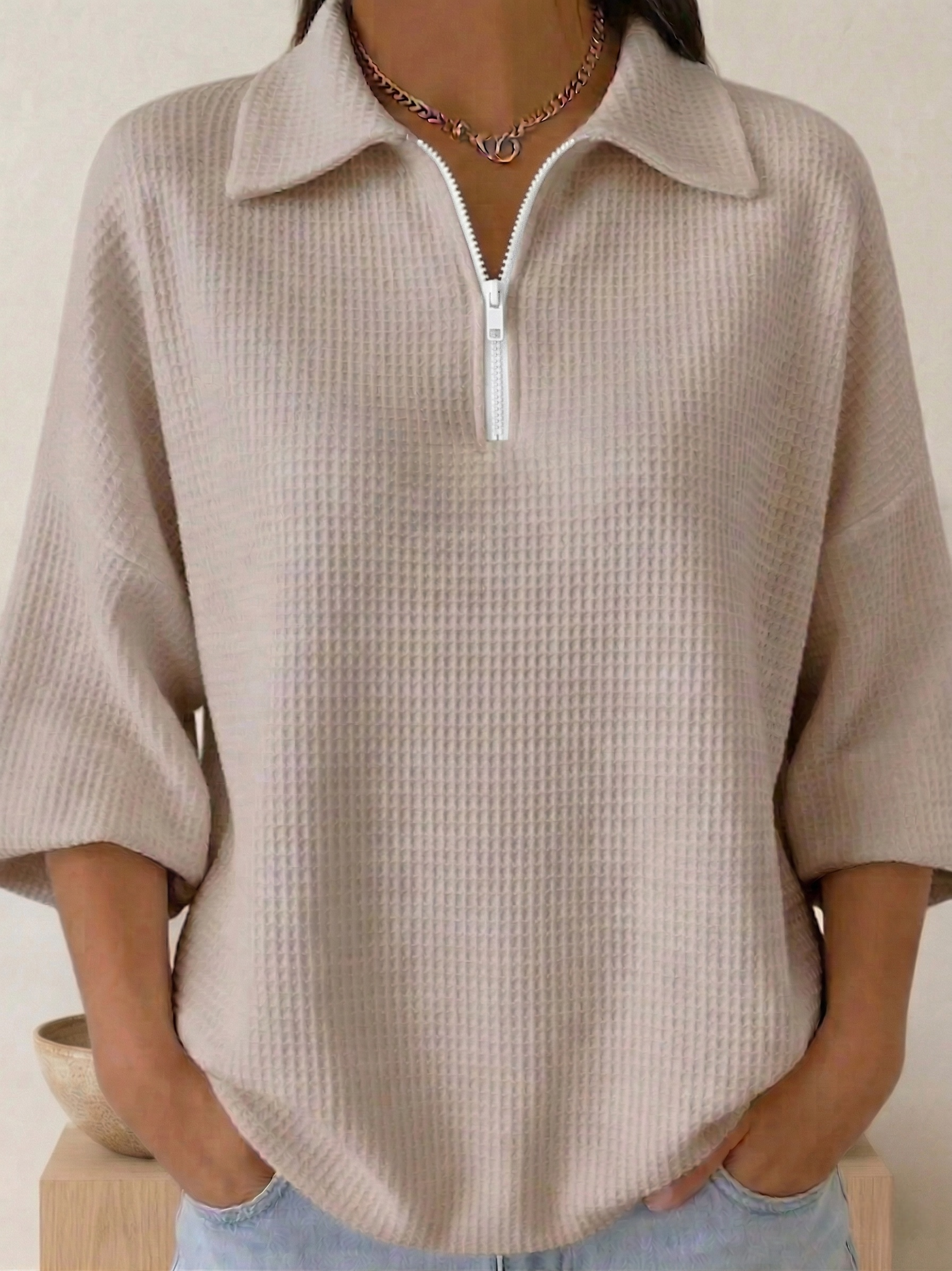 New Arrivals🔥 Women's Polo Zipper 4/3 Sleeves Waffle-knit T-shirt