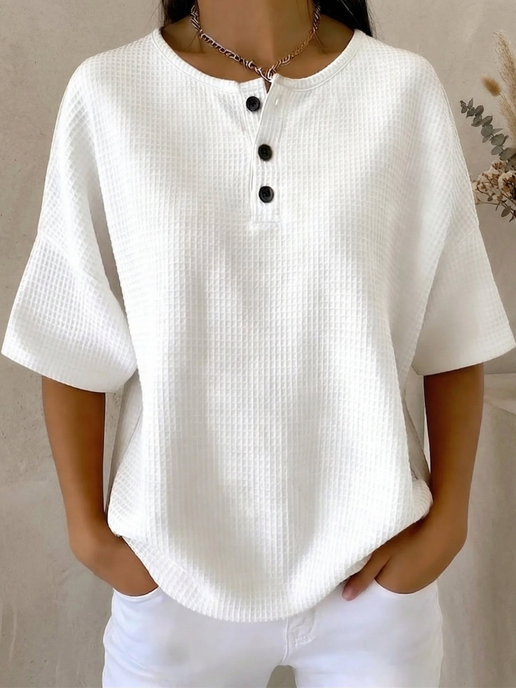 New Arrivals🔥Women's Casual Waffle Henry Collar 4/3 Sleeves T-shirt