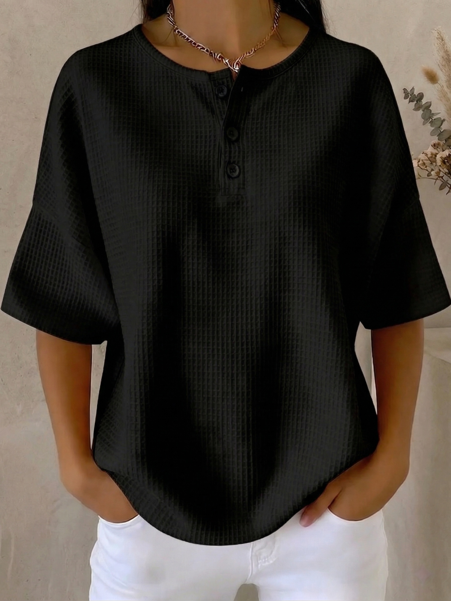 New Arrivals🔥Women's Casual Waffle Henry Collar 4/3 Sleeves T-shirt