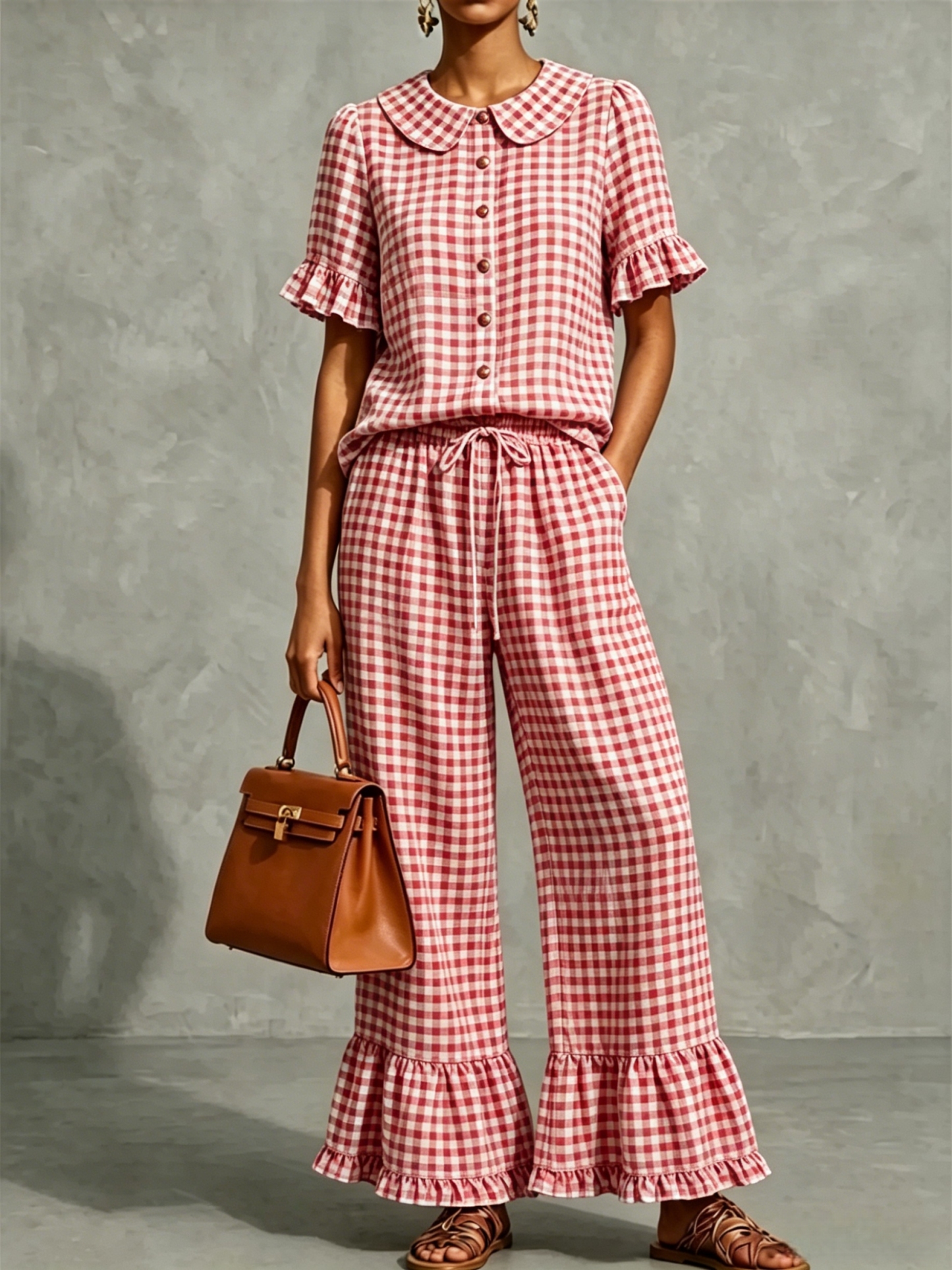 Women’s Gingham Collar Ruffle Short-Sleeve Set