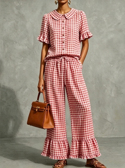Women’s Gingham Collar Ruffle Short-Sleeve Set
