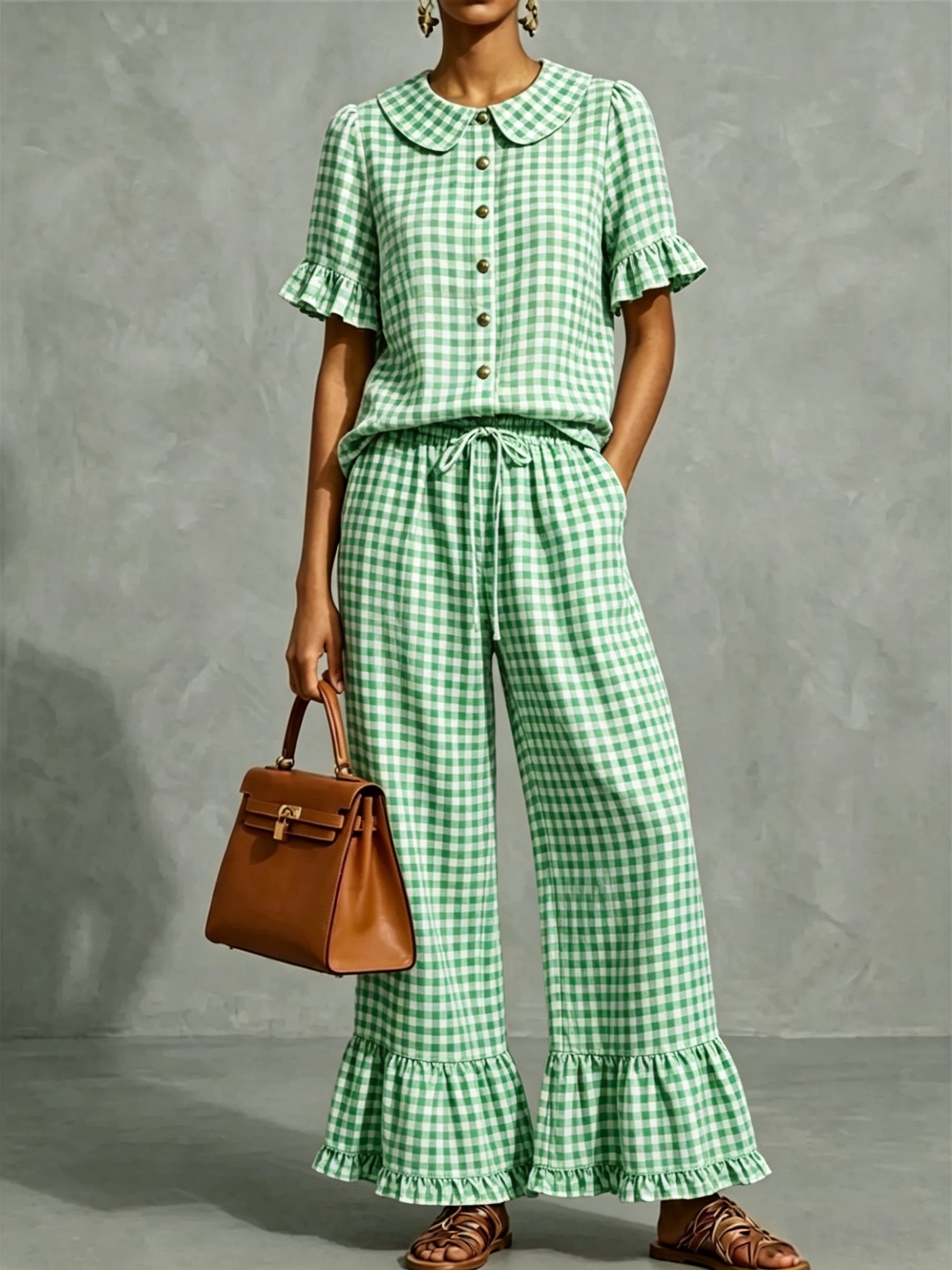 Women’s Gingham Collar Ruffle Short-Sleeve Set