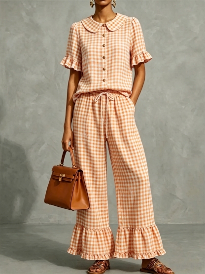 Women’s Gingham Collar Ruffle Short-Sleeve Set