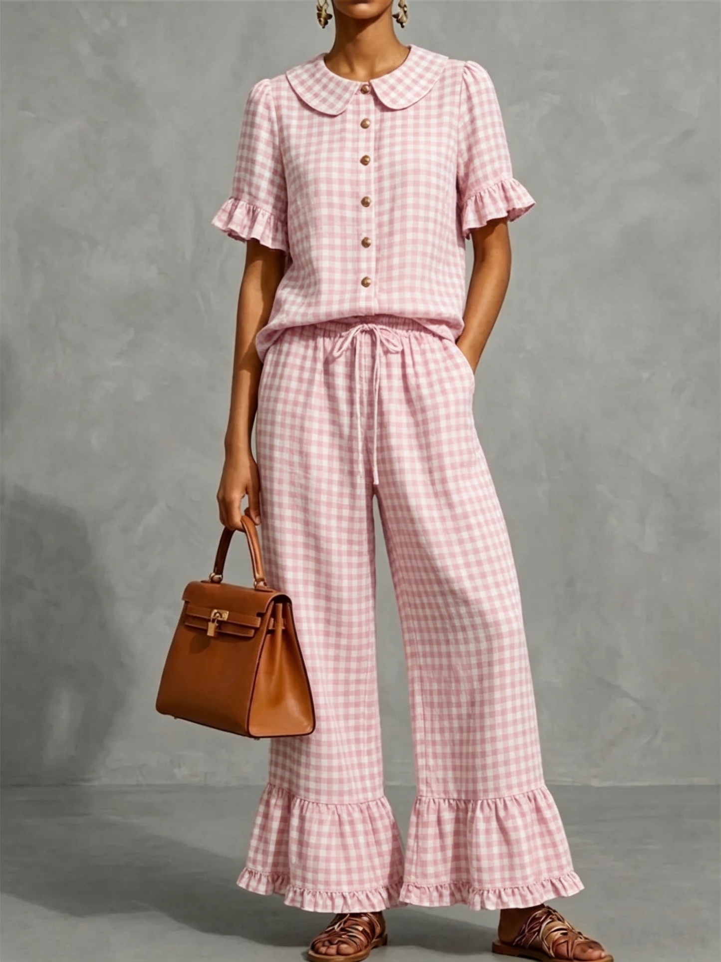 Women’s Gingham Collar Ruffle Short-Sleeve Set