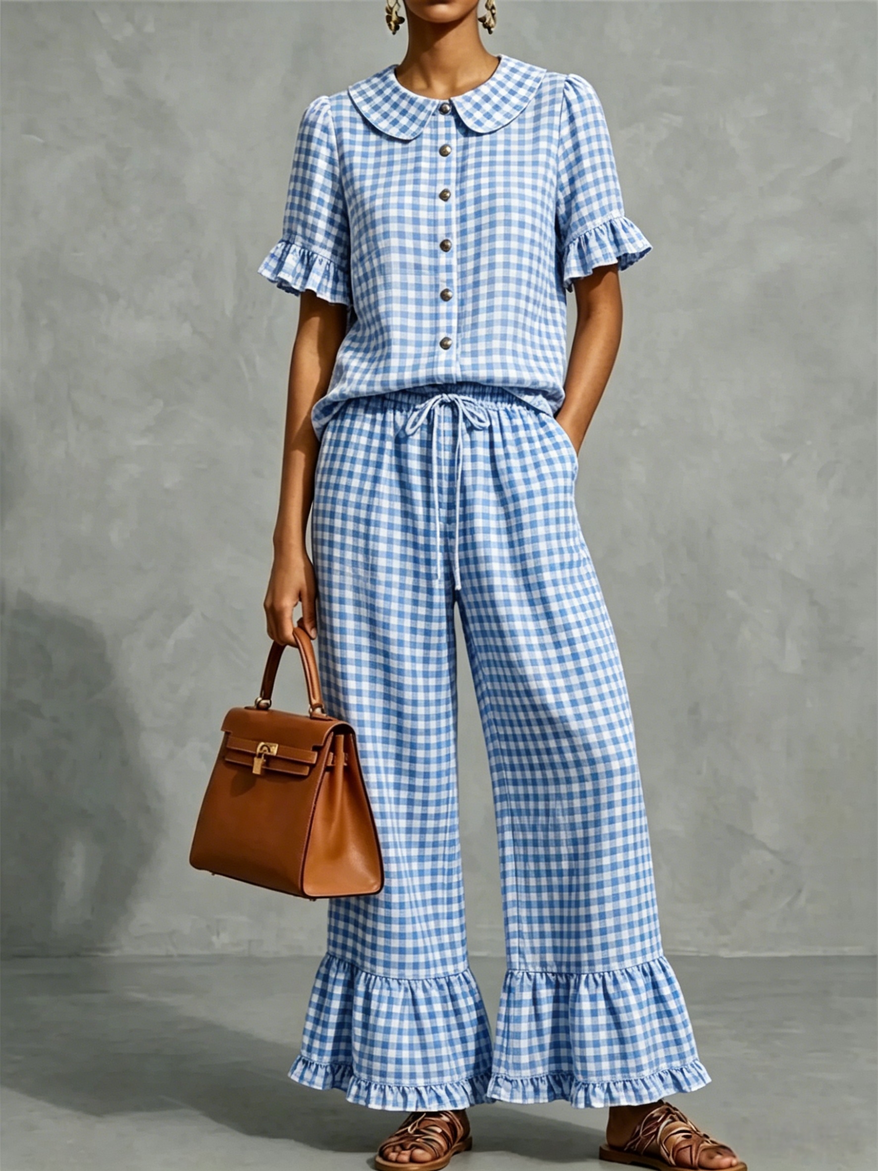 Women’s Gingham Collar Ruffle Short-Sleeve Set