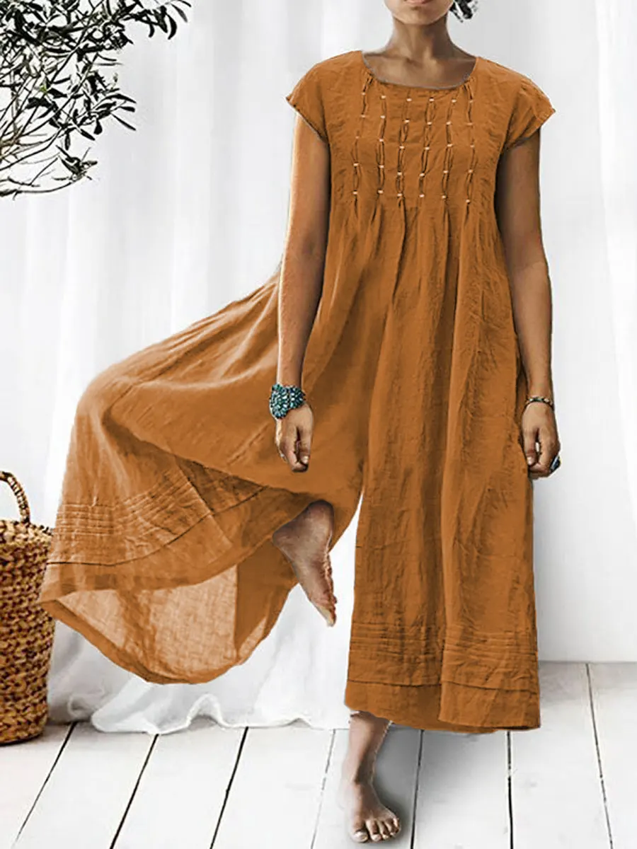 💝💝Women's Solid Color Art Casual Short Sleeve Cotton Linen Jumpsuit