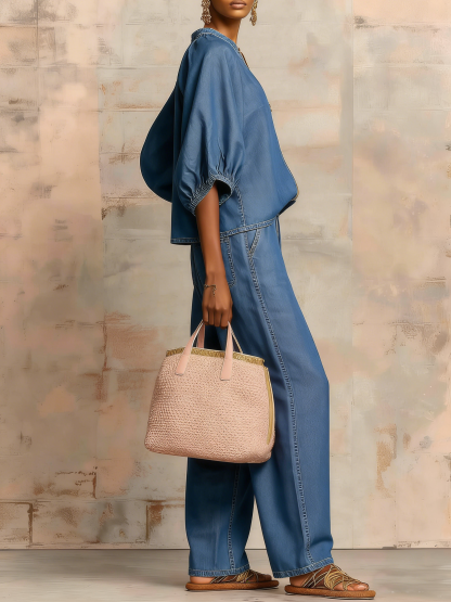 Cozy Stylish Zip-up Top And Wide-leg Jeans Set