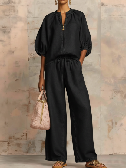 Cozy Stylish Zip-up Top And Wide-leg Jeans Set