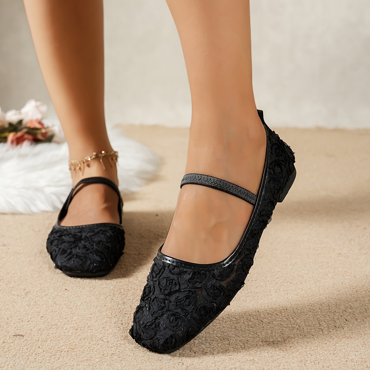 Women's Rose Mesh Lace Flats