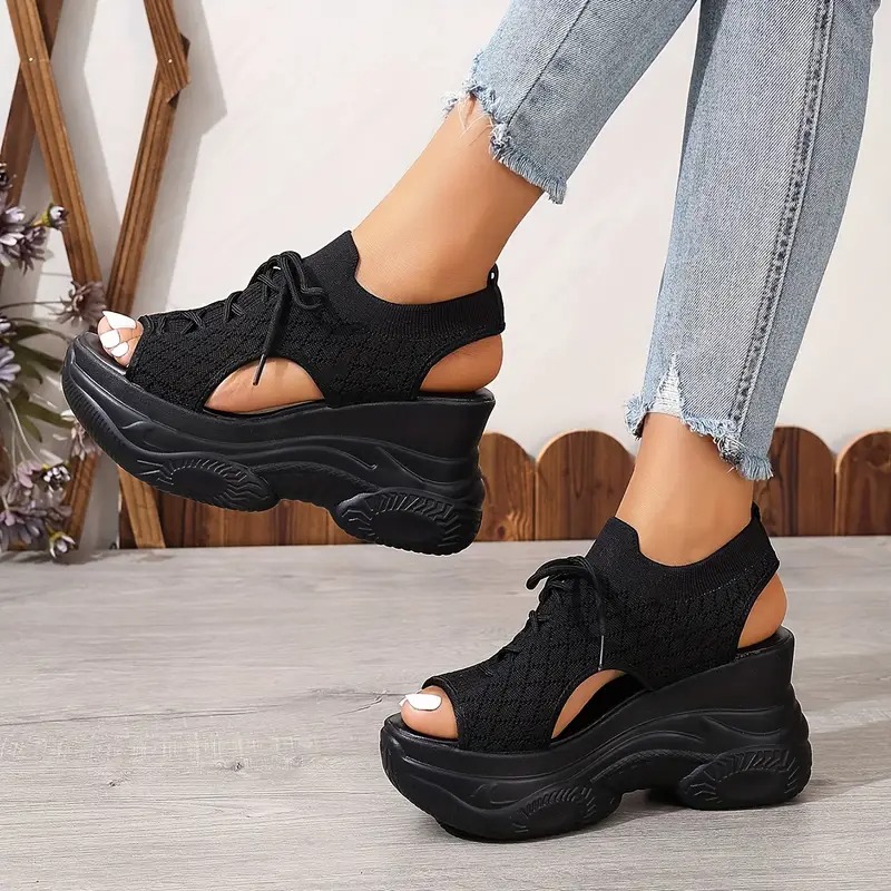 Breathable Knit Platform Wedge Sandals