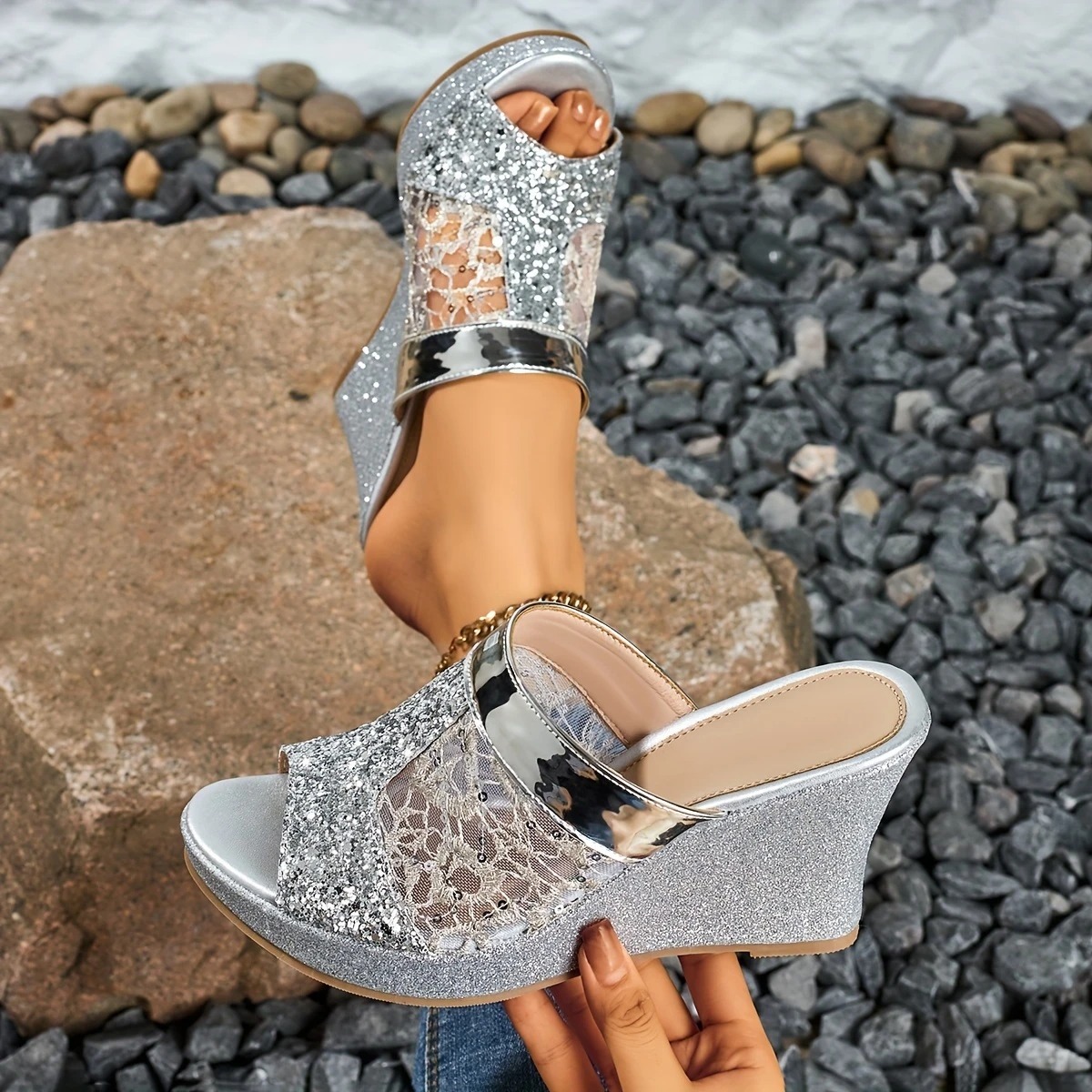 Elegant Lace Wedge Heeled Sandals