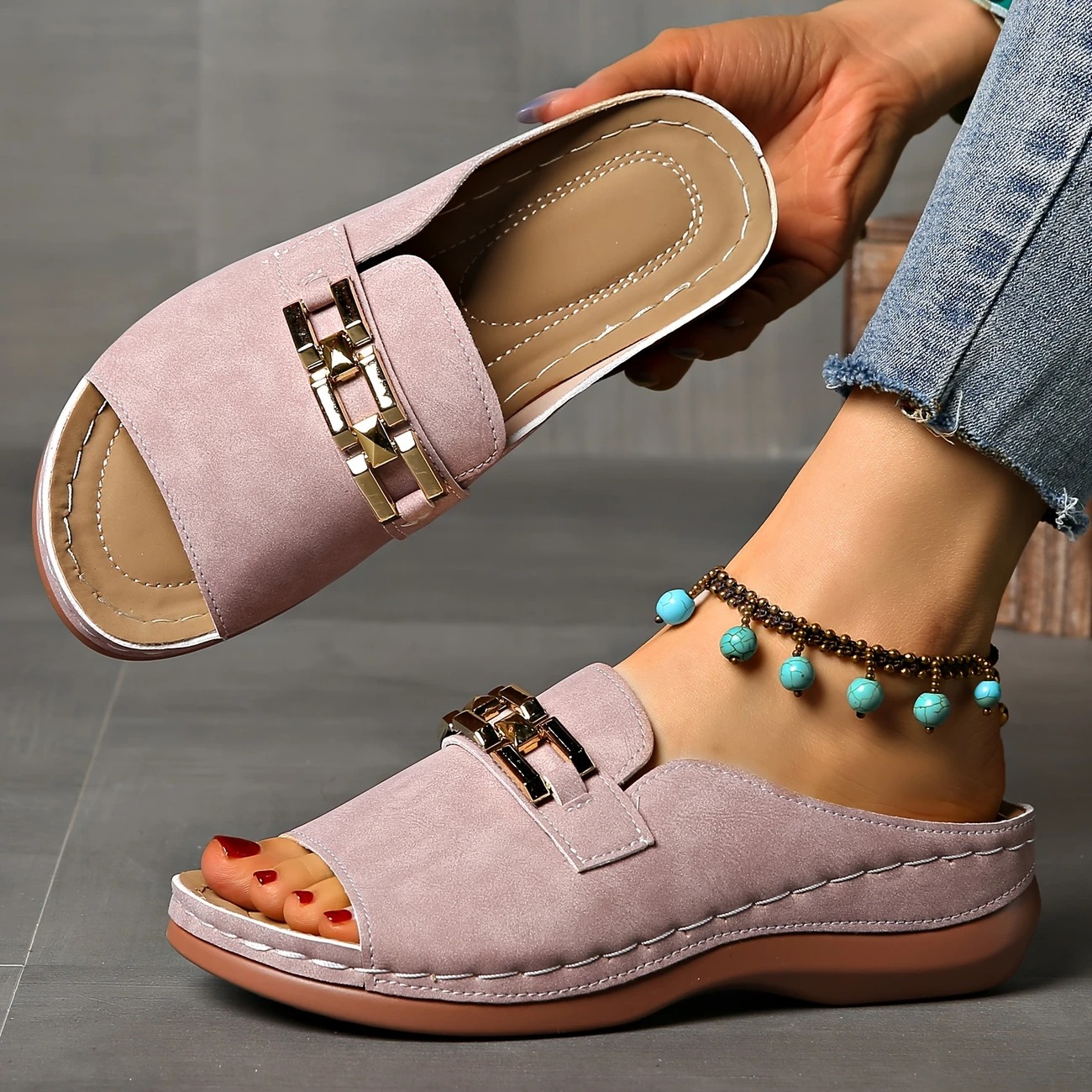Women's Golden Buckle Slip-On Sandals