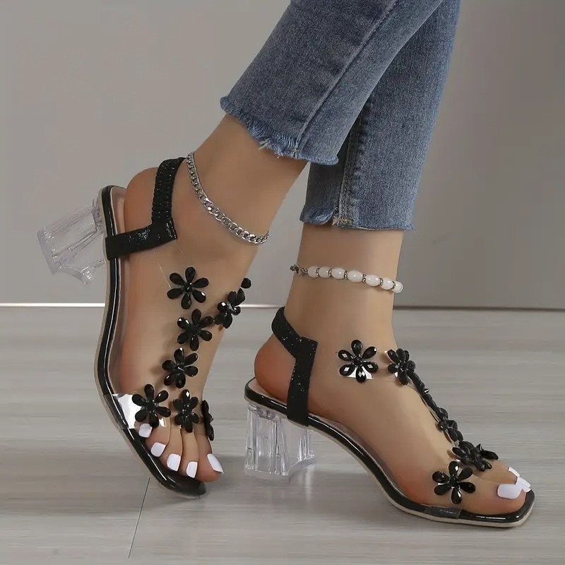 Flower Rhinestone Block Heel Sandals