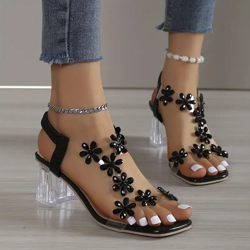 Flower Rhinestone Block Heel Sandals