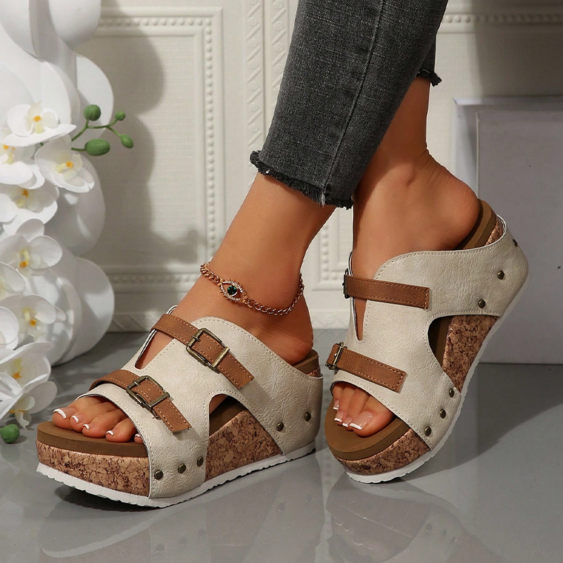 Double Buckle Wedge Heel Sandals