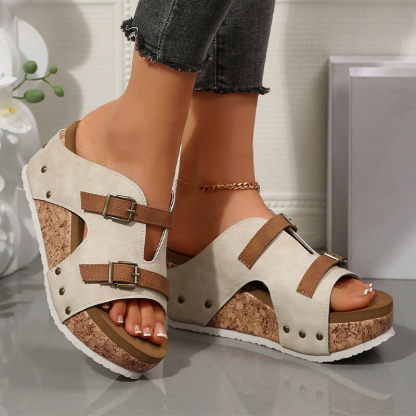 Double Buckle Wedge Heel Sandals