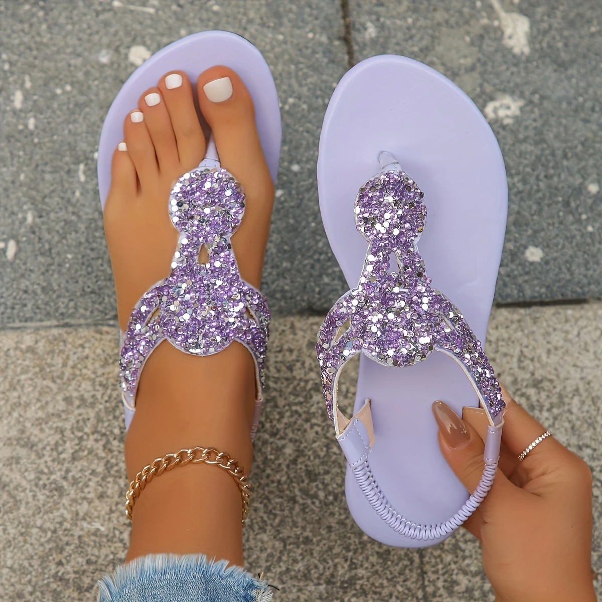 Rhinestone Decor Flat Sandals
