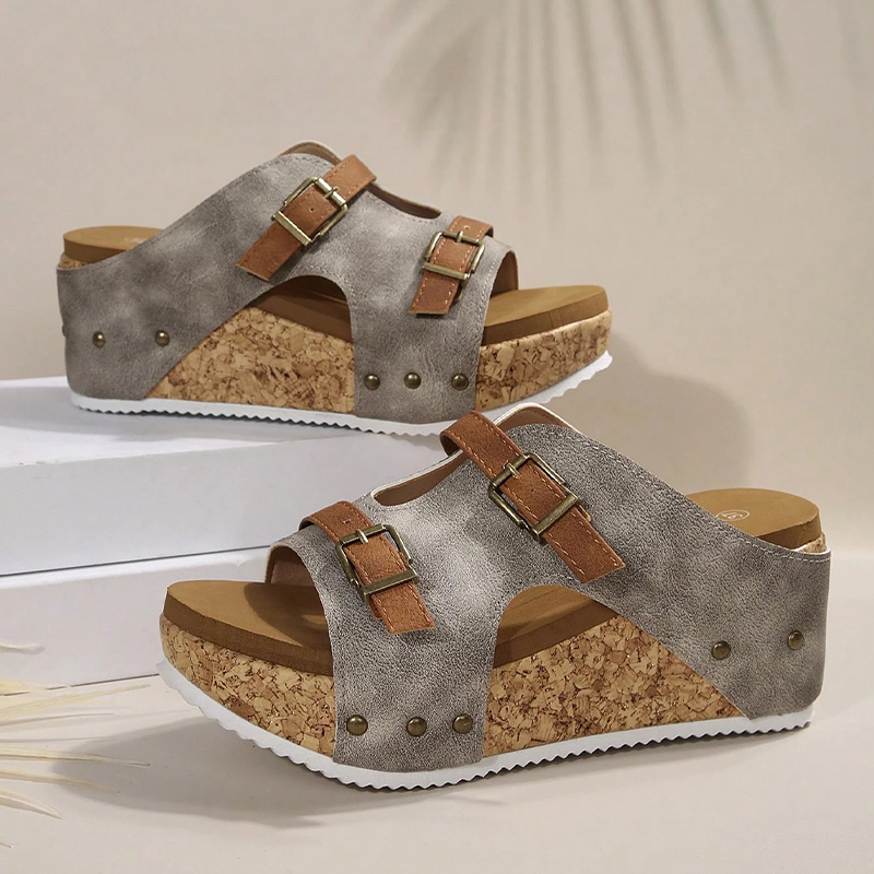 Double Buckle Wedge Heel Sandals