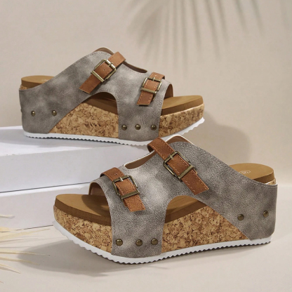 Double Buckle Wedge Heel Sandals