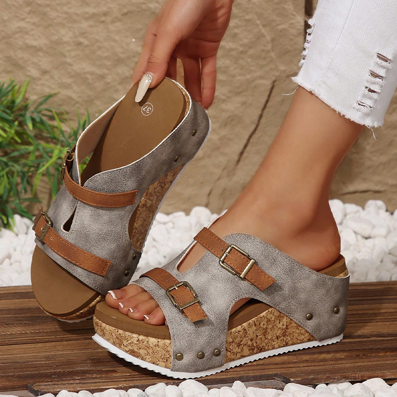 Double Buckle Wedge Heel Sandals