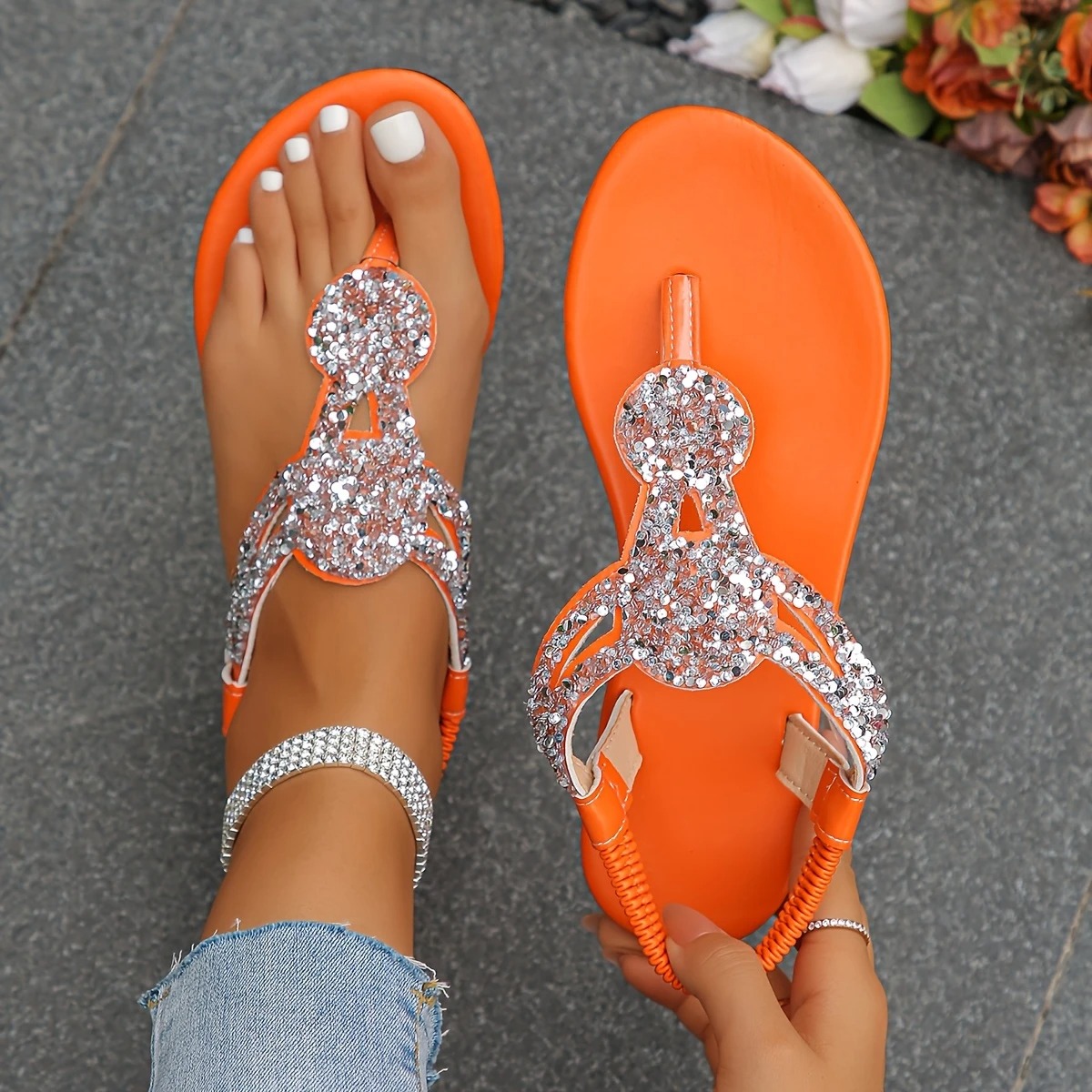 Rhinestone Decor Flat Sandals