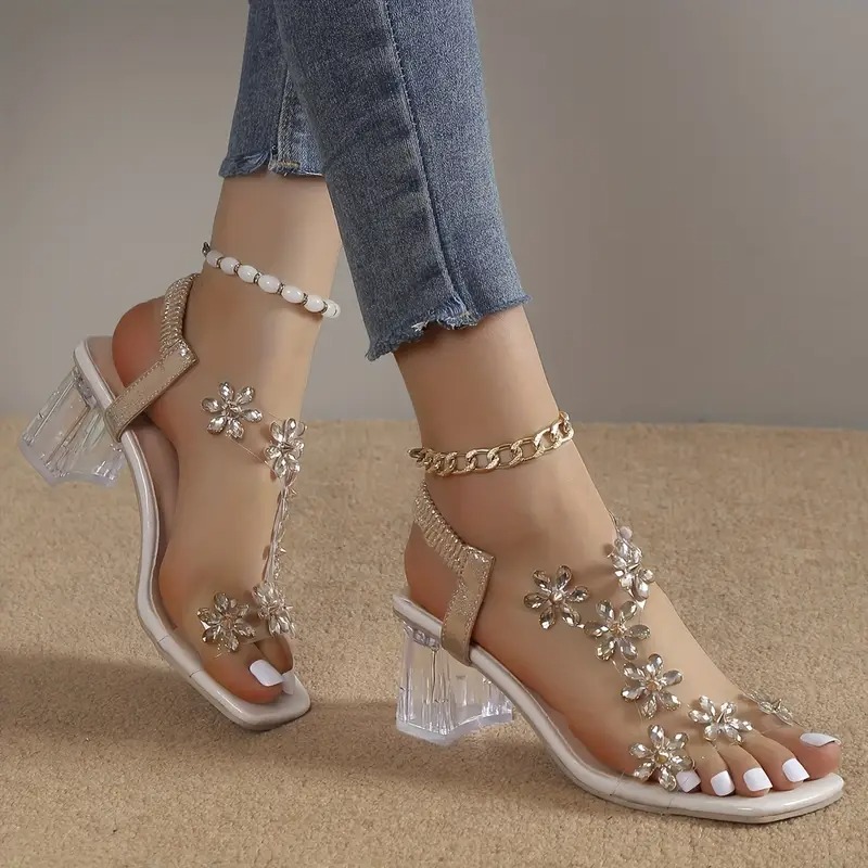 Flower Rhinestone Block Heel Sandals