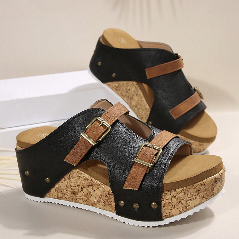Double Buckle Wedge Heel Sandals