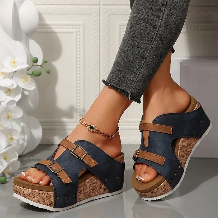 Double Buckle Wedge Heel Sandals
