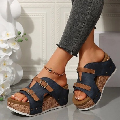 Double Buckle Wedge Heel Sandals