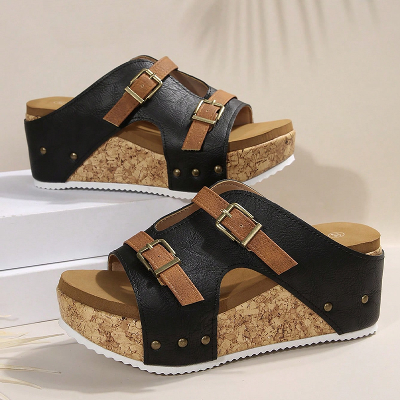 Double Buckle Wedge Heel Sandals