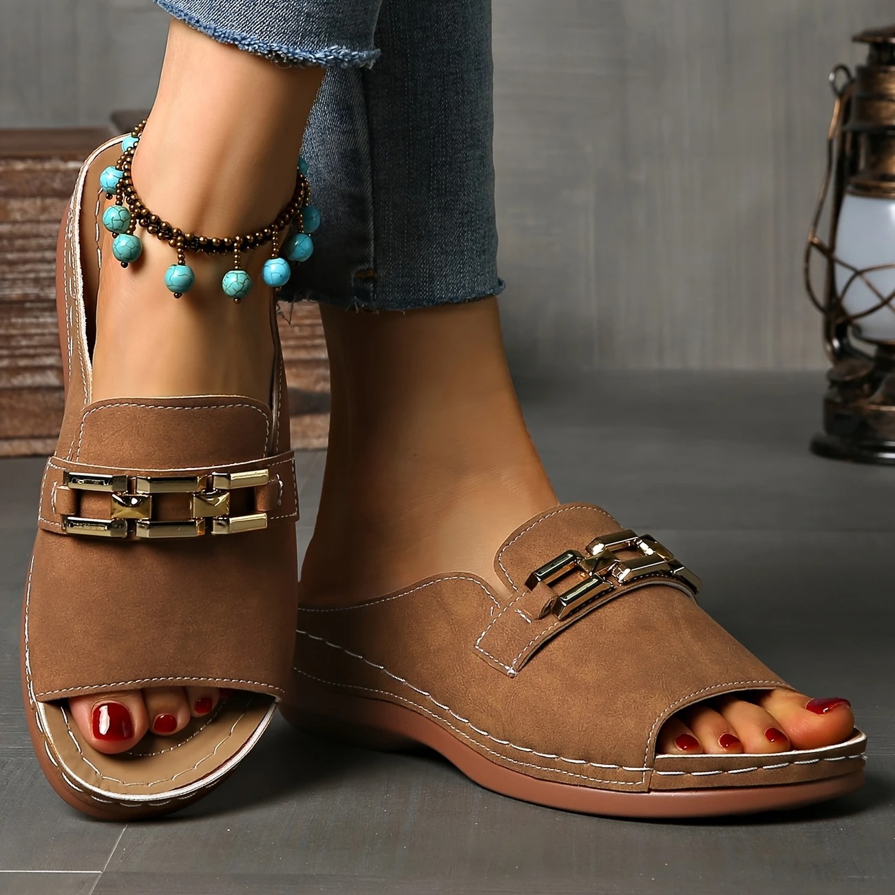 Women's Golden Buckle Slip-On Sandals