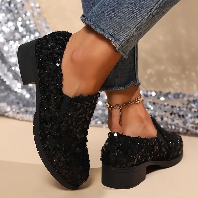 Women's Sequins Decor Chunky Heel Loafers