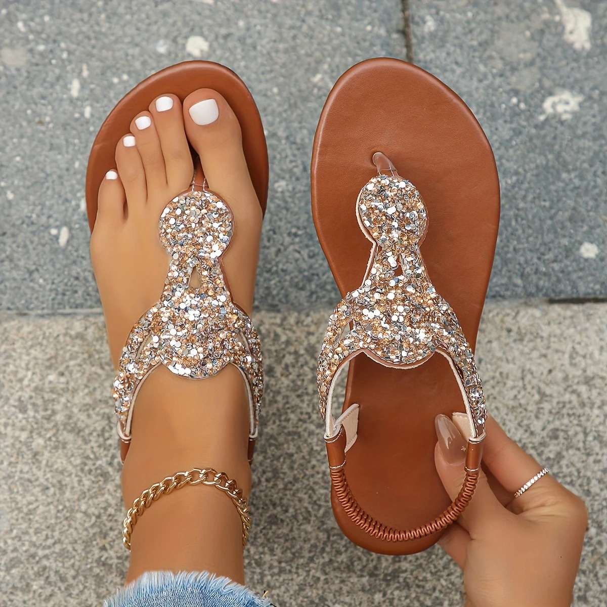 Rhinestone Decor Flat Sandals