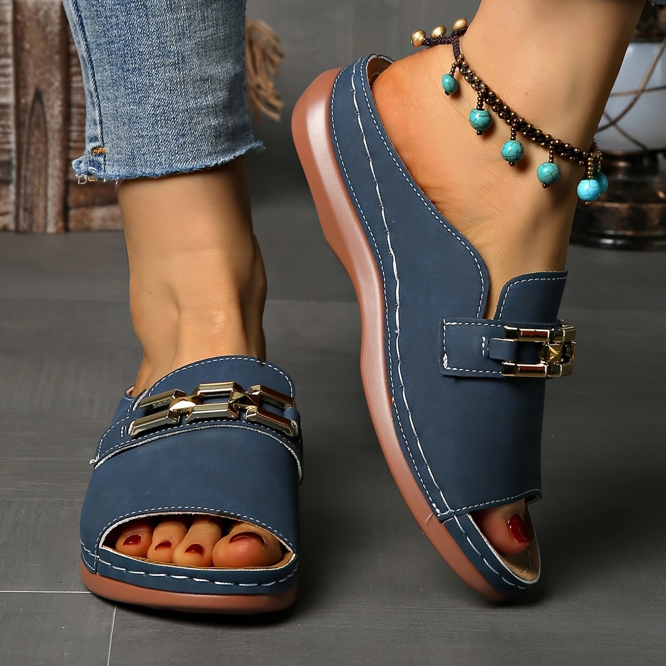 Women's Golden Buckle Slip-On Sandals