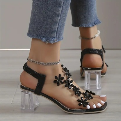 Flower Rhinestone Block Heel Sandals