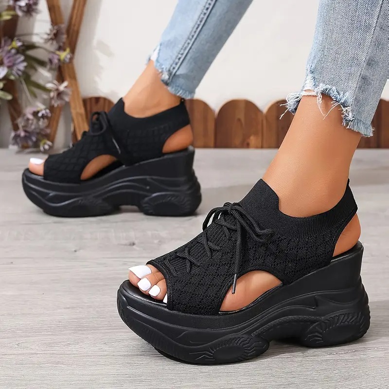 Breathable Knit Platform Wedge Sandals