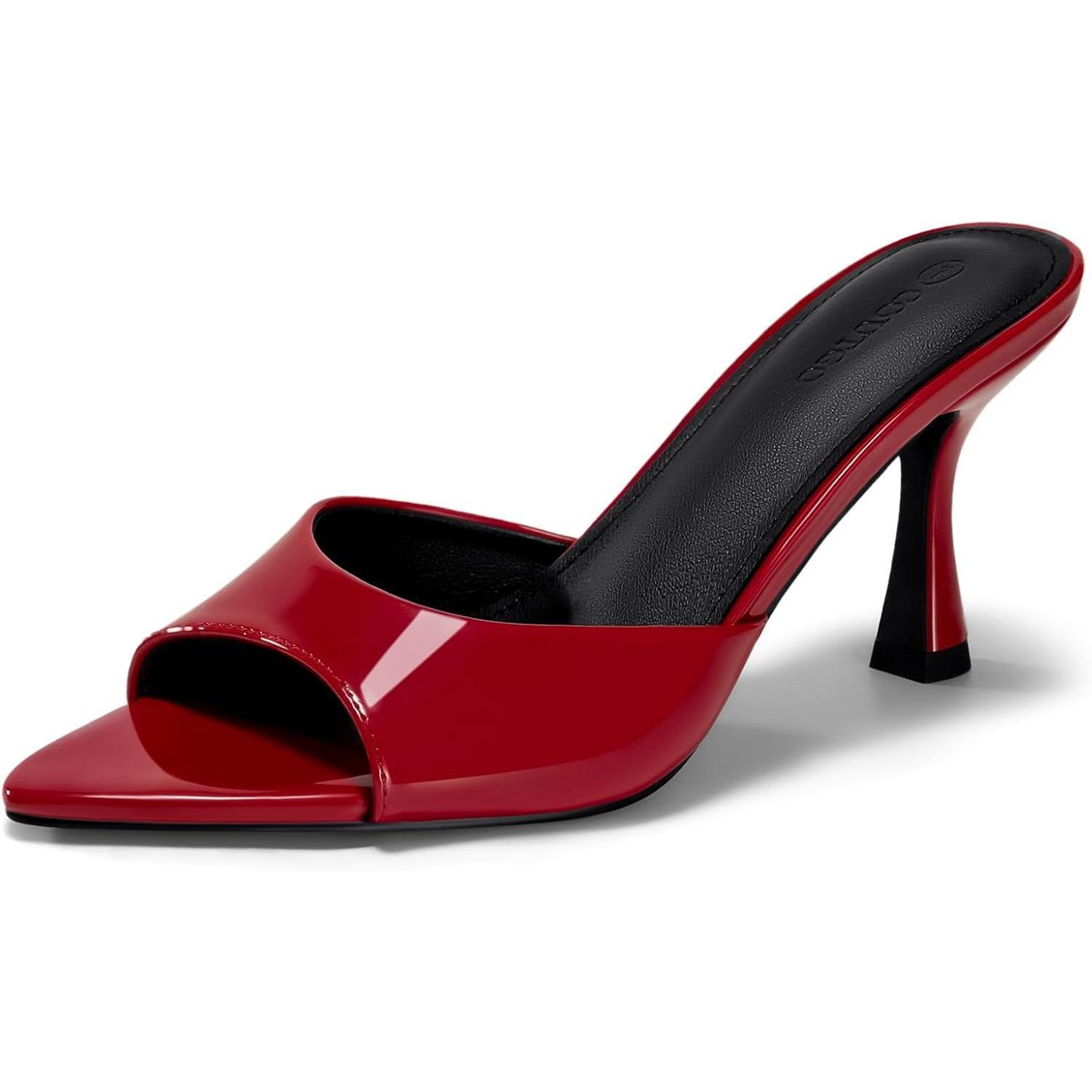 Womens Heeled Mules Pointed Peep Toe High Heels Slip