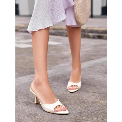Womens Heeled Mules Pointed Peep Toe High Heels Slip