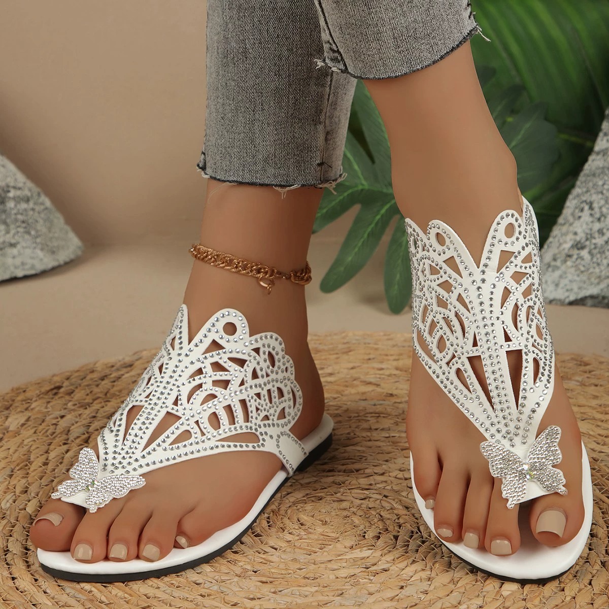 Stylish Faux Cover Butterfly Flat Sandals